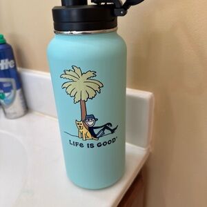 Life Is Good Blue Water Bottle with Palm Tree Design